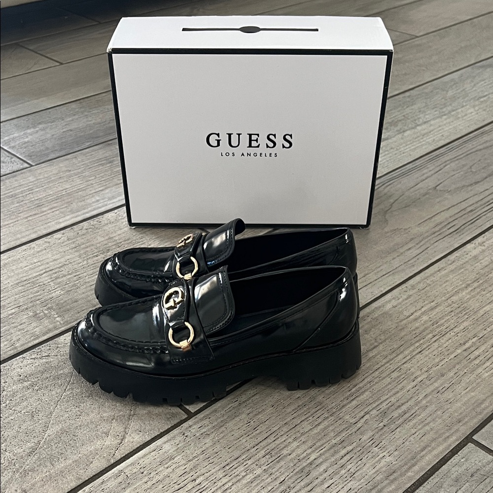 GUESS Shiny Black Loafers with Gold Accents